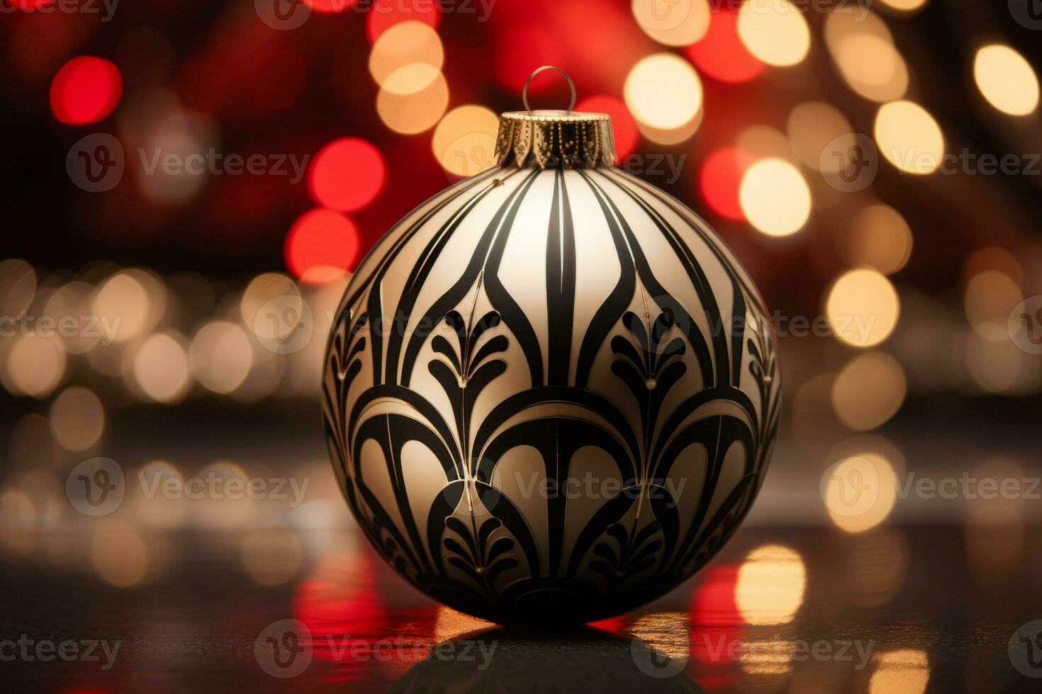 Art deco inspired christmas ball pattern on blurred lights background. Generative AI photo