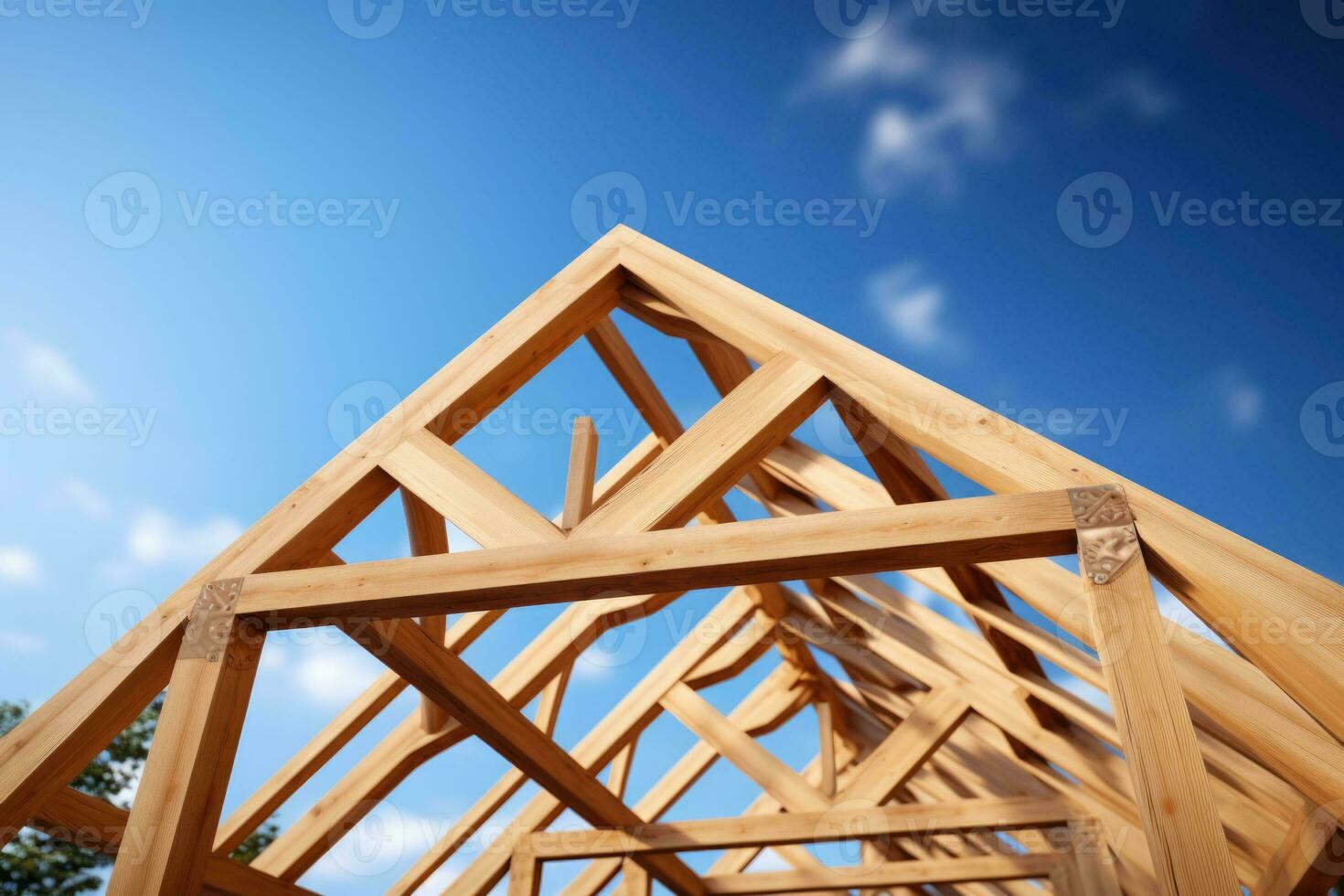 Wood roof trusses constructed with construction framing beams timber. Generative AI photo