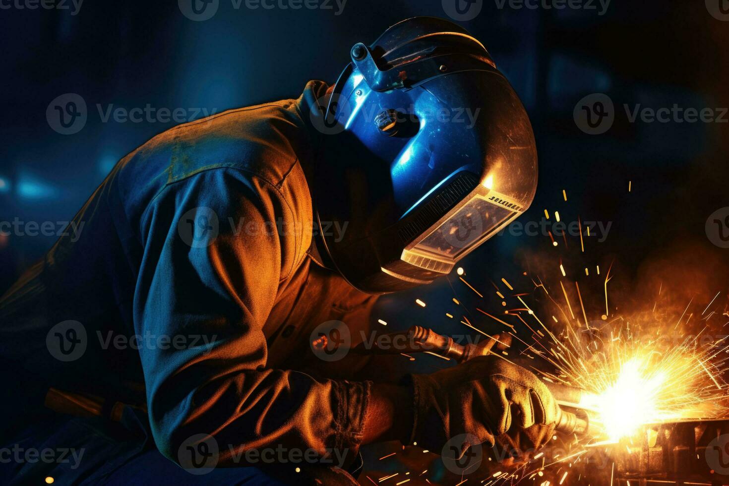 Worker welder performs arc welding in factories. Generative AI photo