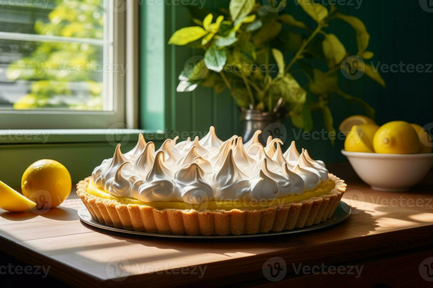 Lemon meringue pie in modern kitchen with sunlight. Generative AI photo