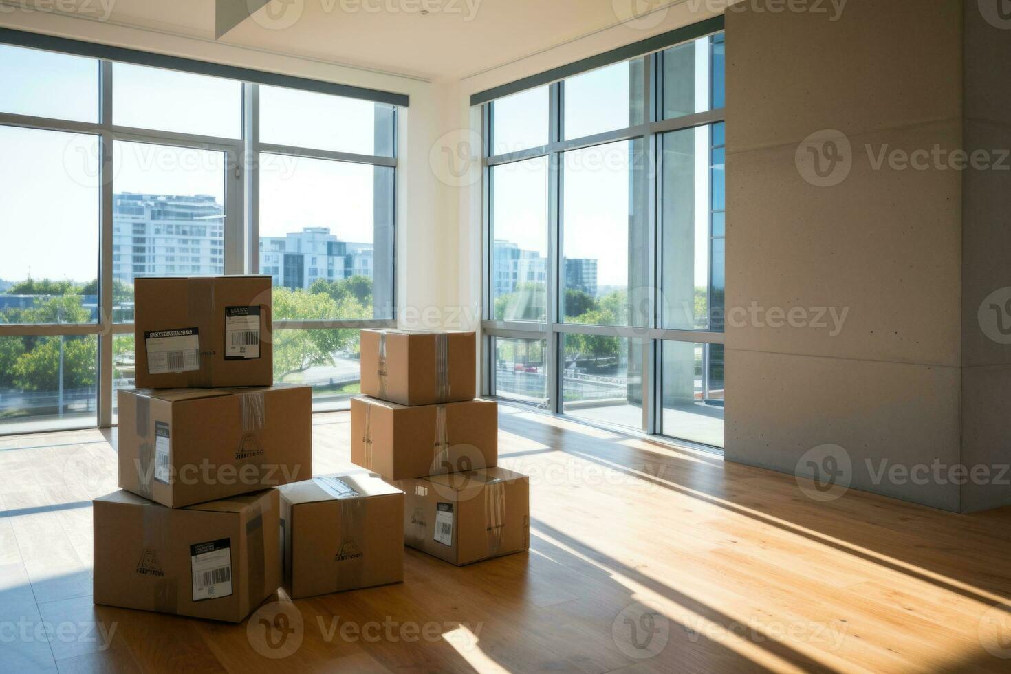 Moving in. Stack of cardboard boxes in the empty room. Generative AI photo