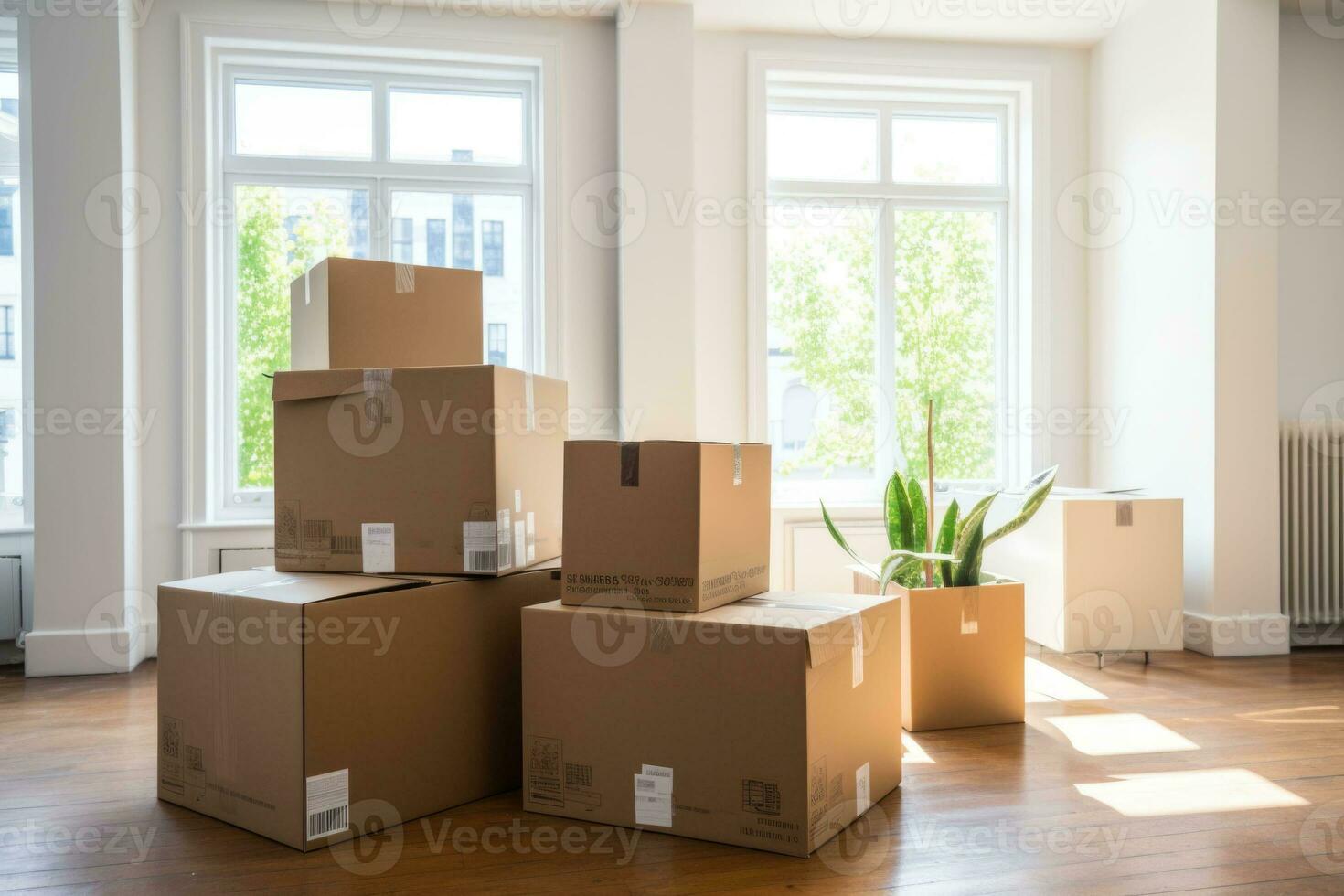 Moving in. Stack of cardboard boxes in the empty room. Generative AI photo