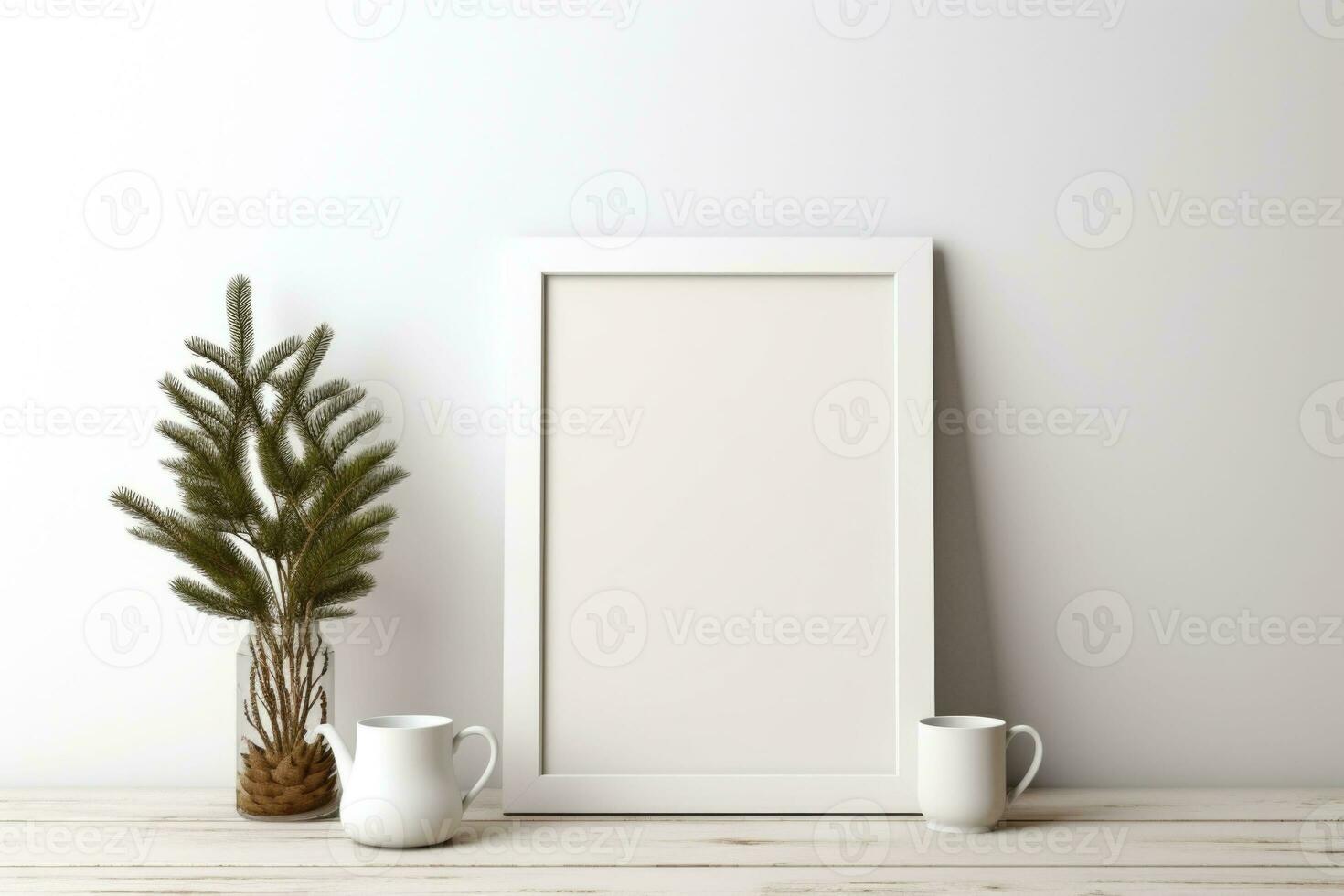 Minimal festive Christmas decor. Blank picture frame mockup with pine tree branches and cup of coffee. Generative AI photo