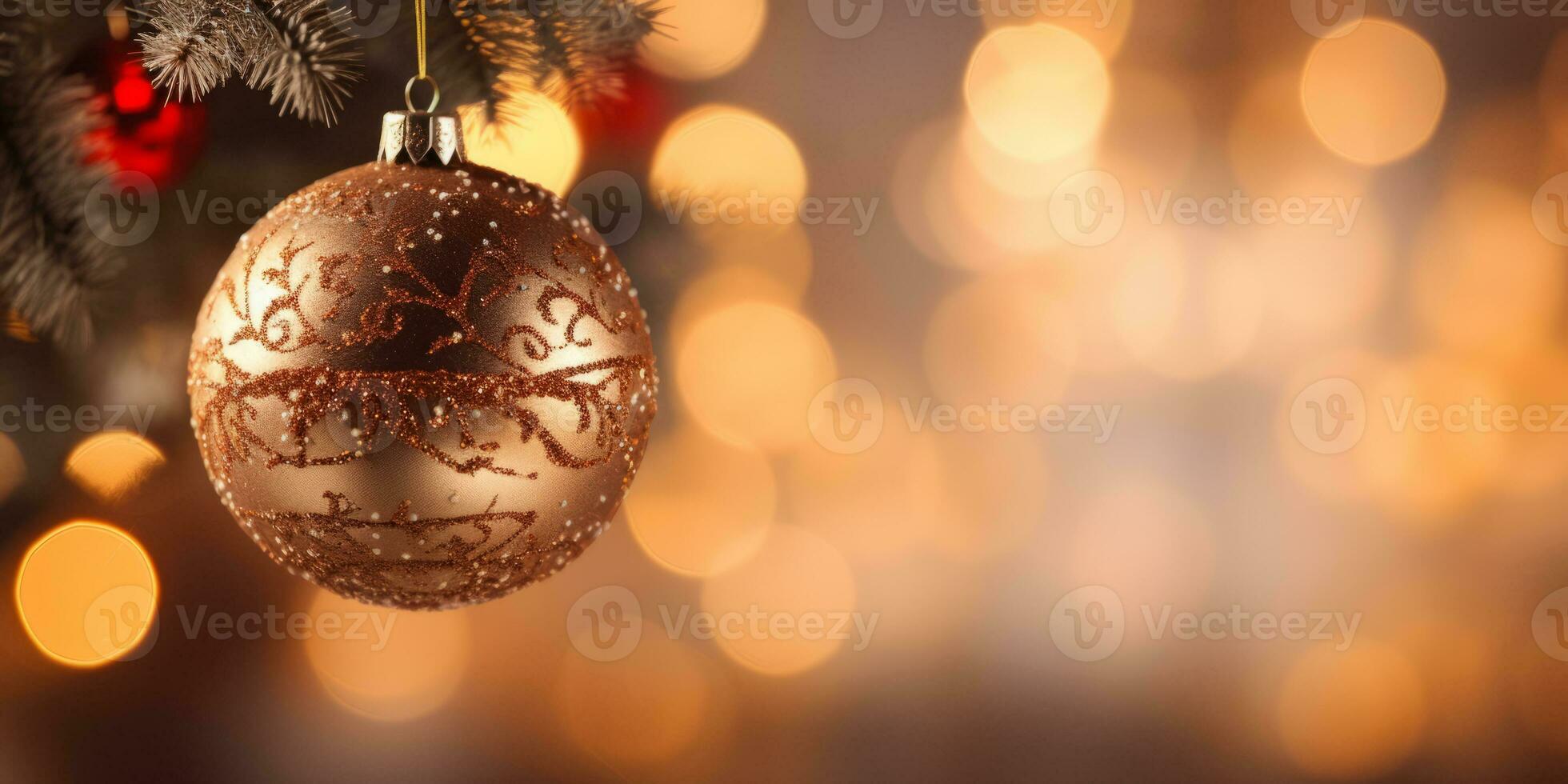 Christmas tree with bauble on blurred shiny background. Generative AI photo