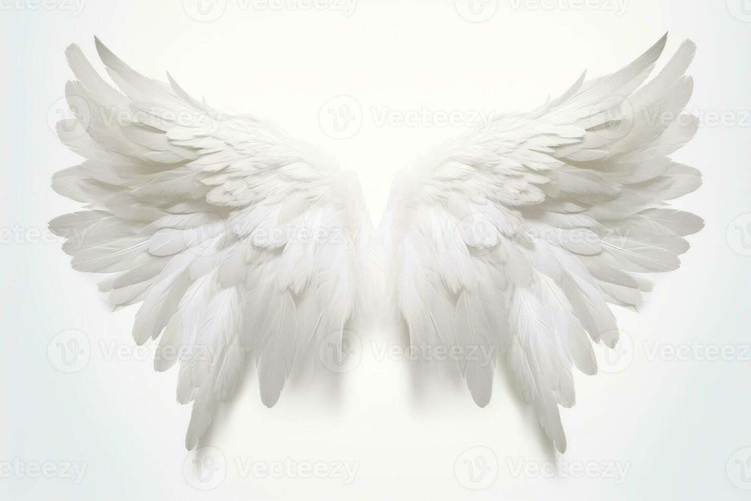 White angel wings spread wide opened with detailed feathers. Generative AI photo