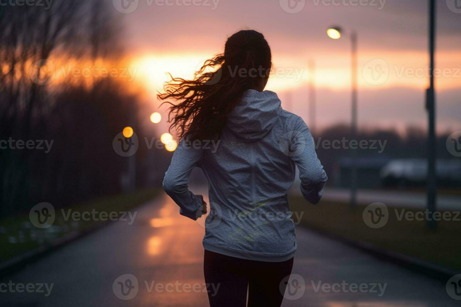 Woman running at dusk. Athlete woman on cold run jogging fast. Generative AI photo