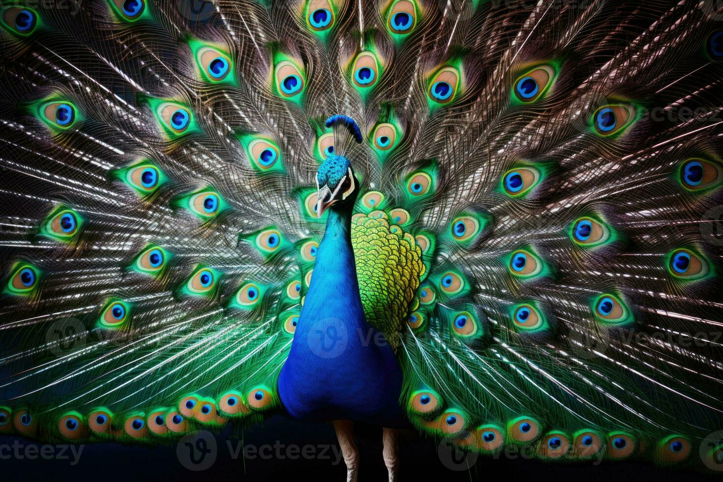 Peacock with with fully fanned aquamarine tail. Generative AI photo
