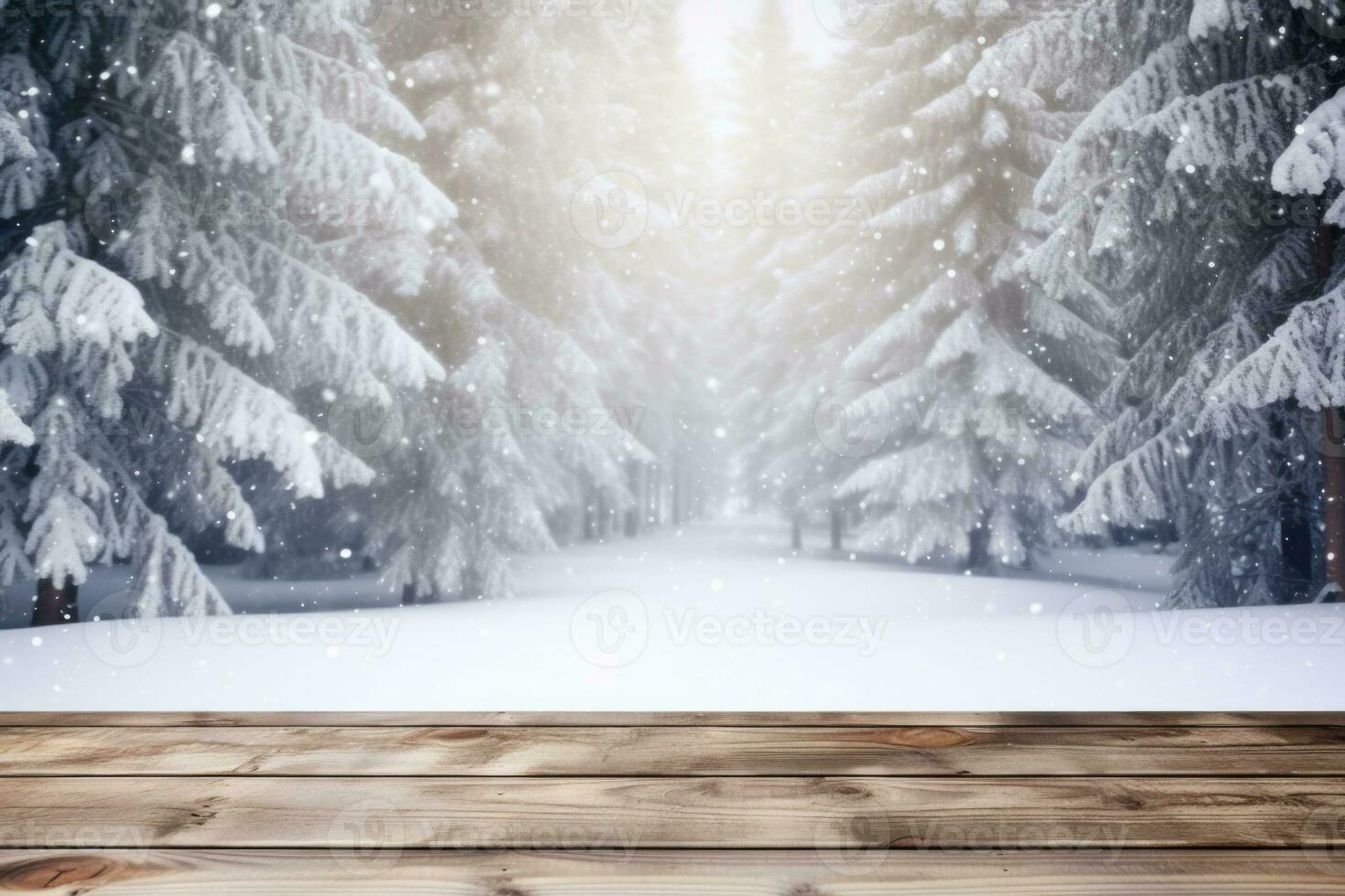 invierno escénico paisaje. de madera piso esparcido con nieve en bosque borroso antecedentes. generativo ai foto