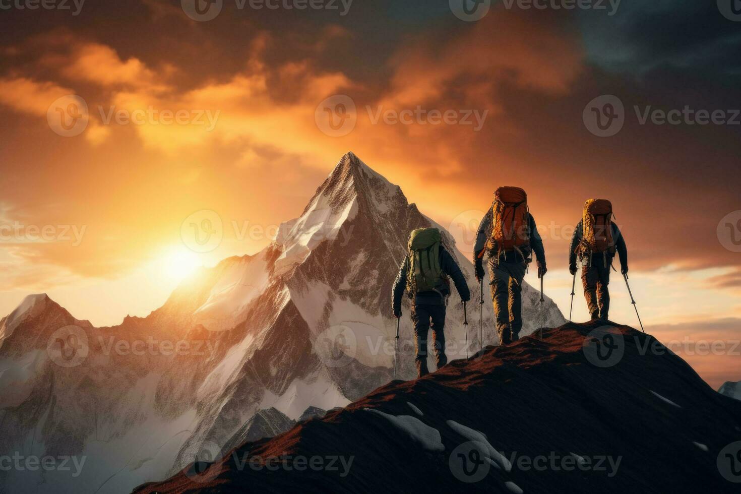 Group of hikers walking on a mountain at sunset. Beautiful mountains with snow. Active sport concept. Generative AI photo