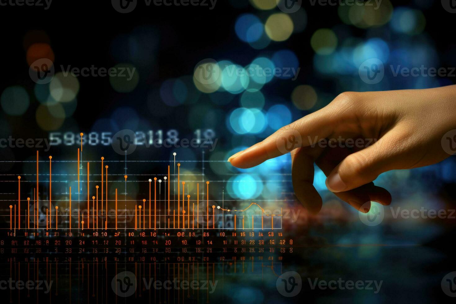 Hand with a pointer in a chart with data analysis on a bokeh background. Generative AI photo