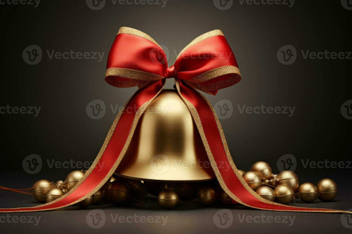Christmas bell with red ribbon and blurred lights background. Generative AI photo