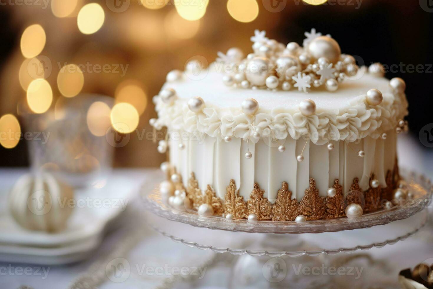 Decorated Christmas cake complete with intricate frosting design. Generative AI photo