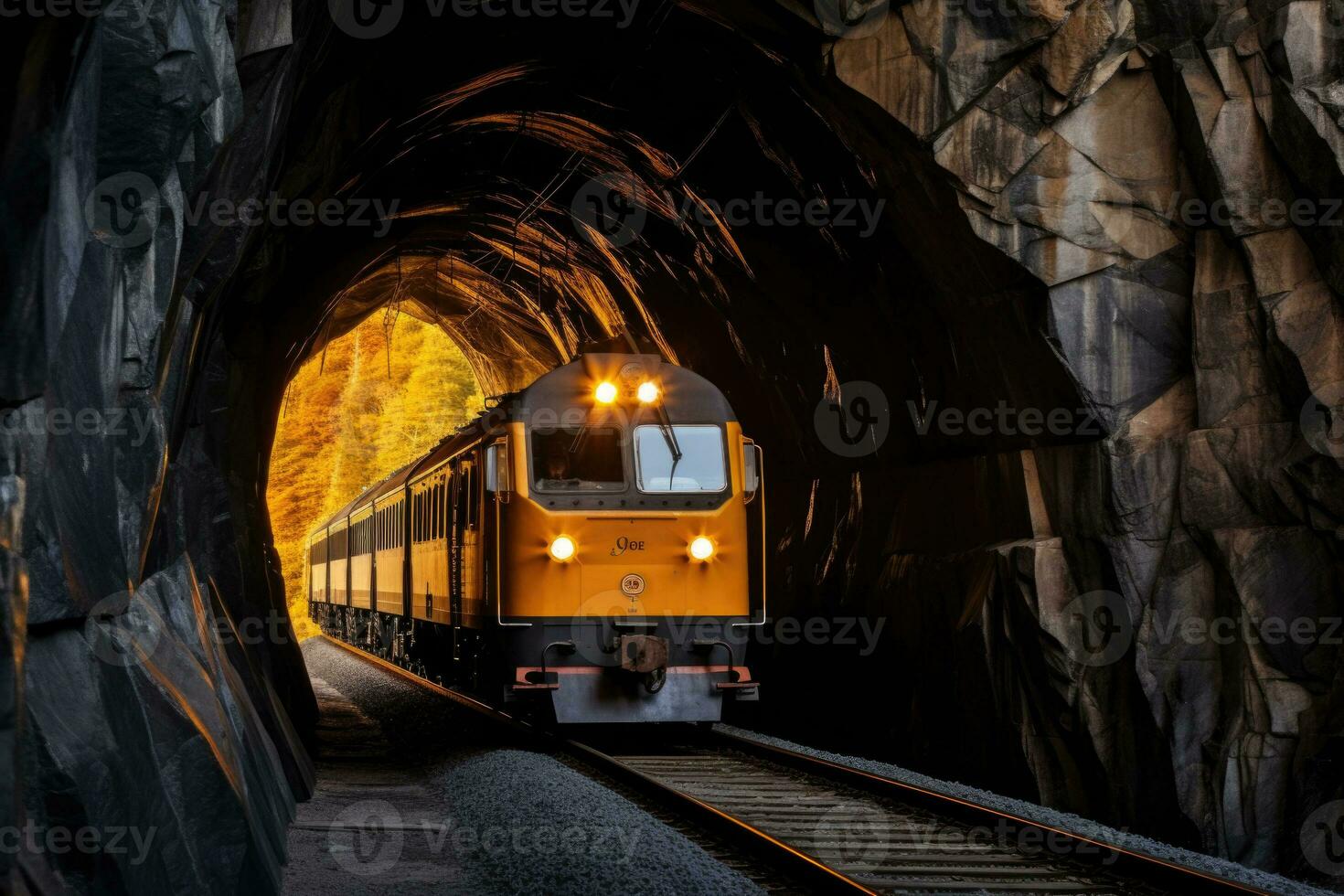 Train goes through a tunnel. Generative AI photo