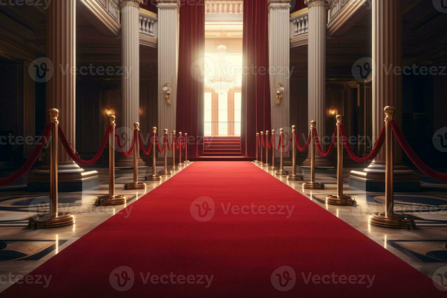 Red event carpet with rope barrier. Concept of success and triumph. Generative AI photo