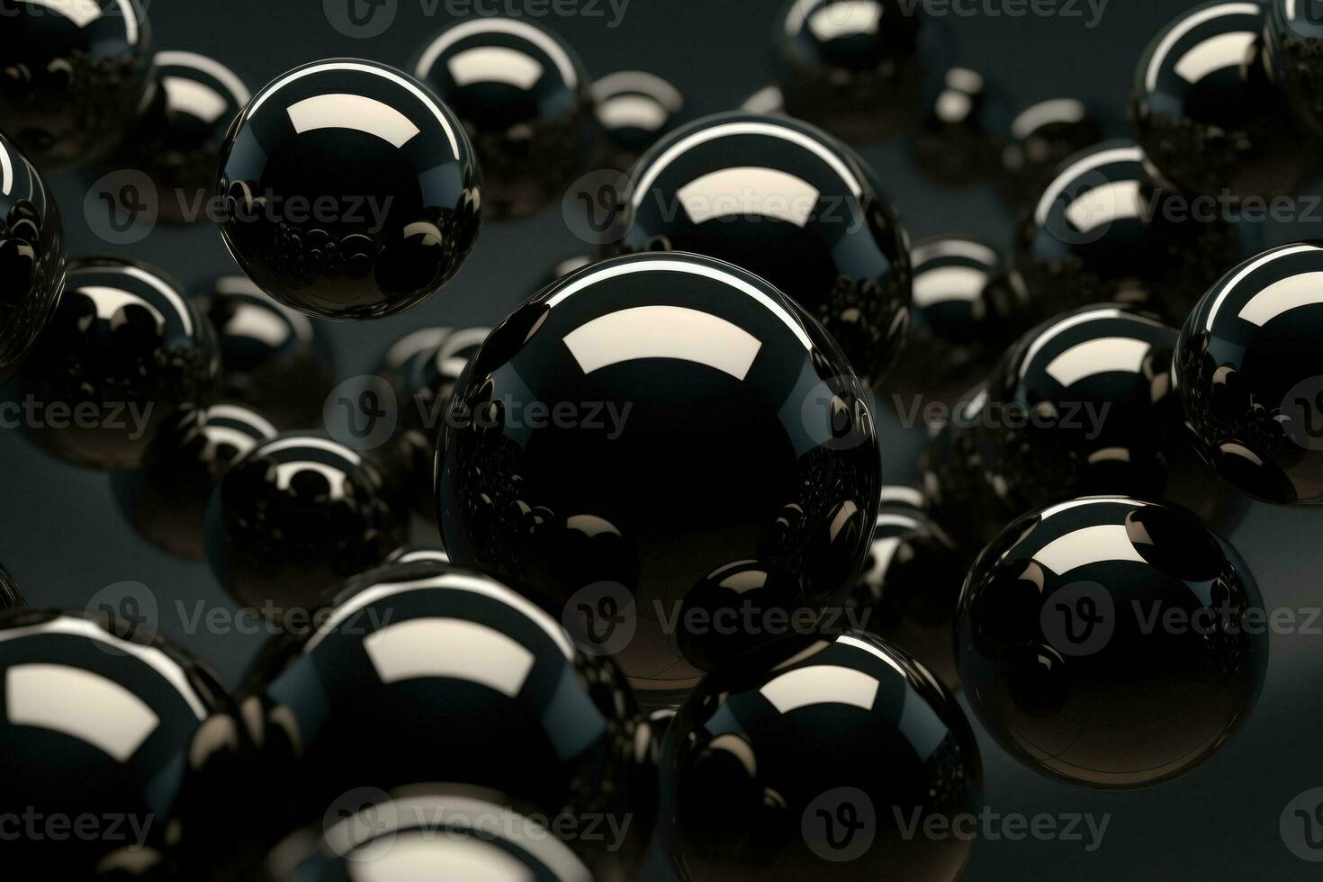 Shiny balls in different sizes on black background. Abstract glossy bubbles. Composition with chaotic floating spheres. Generative AI photo