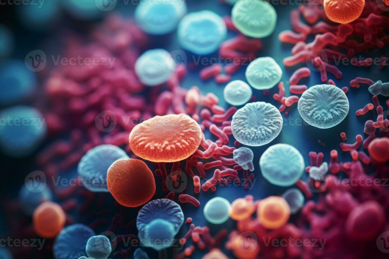 Bacteria of different shapes, rod shaped bacteria and cocci, human microbiome. Generative AI photo