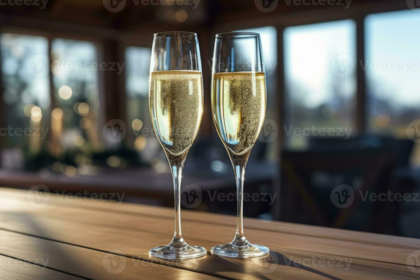 Two champagne glasses on light background. Generative AI photo