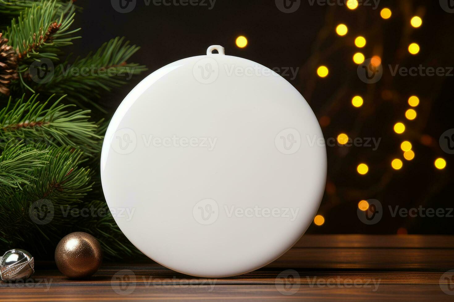 blanco vacío blanco lustroso cerámico circulo atado con un metálico dorado cuerda terminado un rústico antecedentes y Navidad luces. generativo ai foto