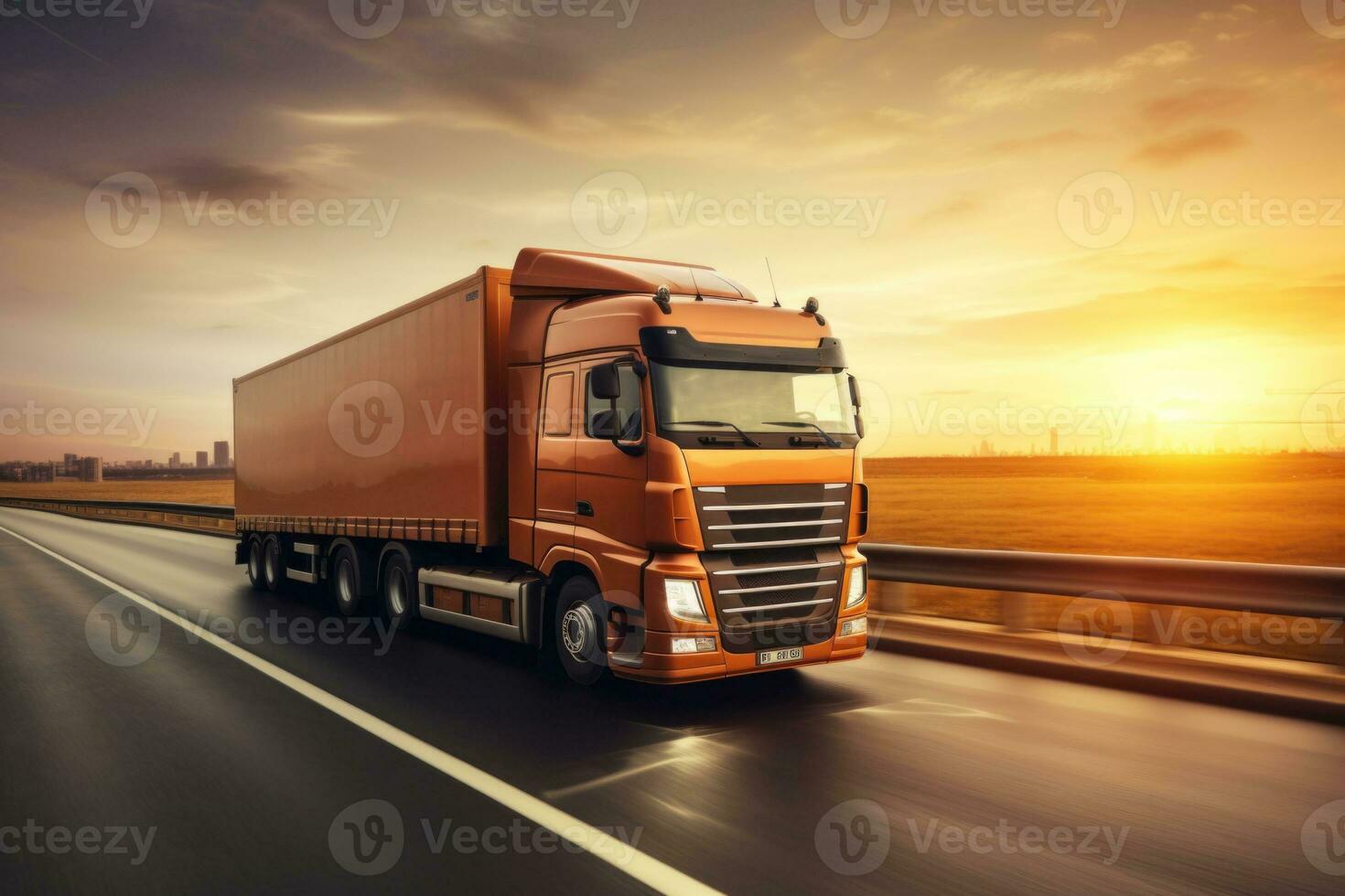 Truck with container on the highway on blurred background. Cargo transportation concept. Generative AI photo