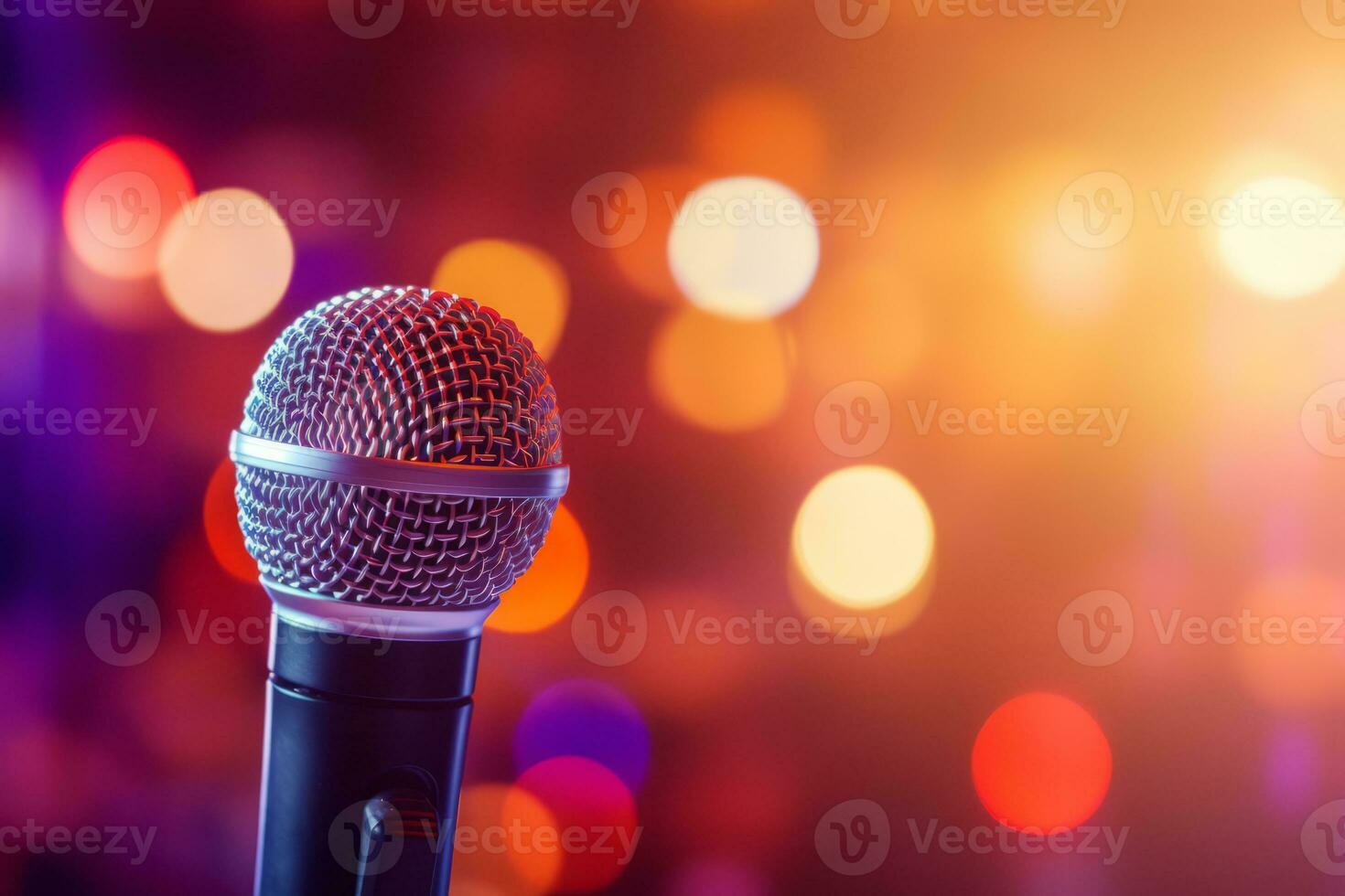 Microphone on stand for speaker speech presentation stage performance with blur and bokeh light background. Generative AI photo