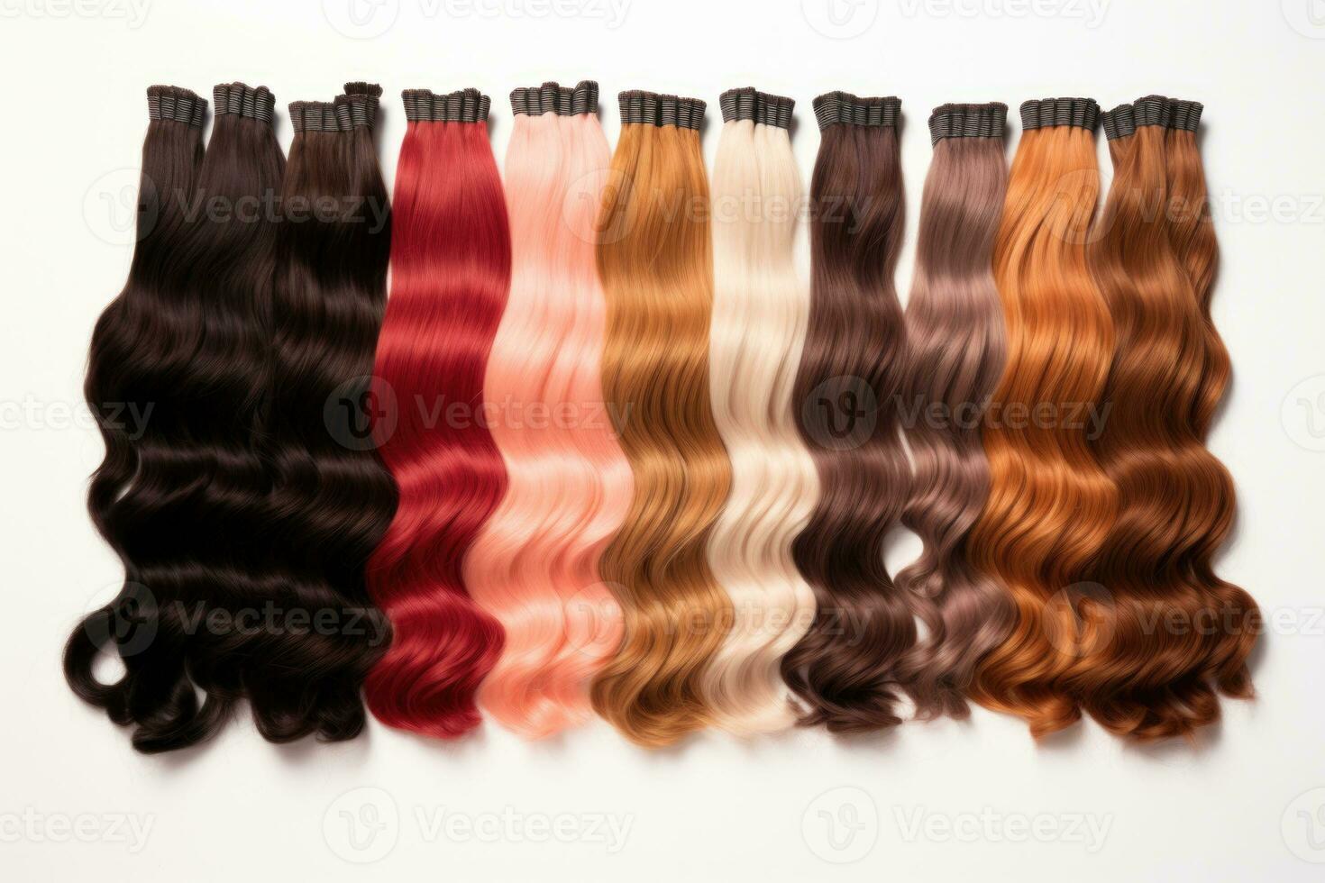 Multicolor human hair extension bundles collection. AI generated photo