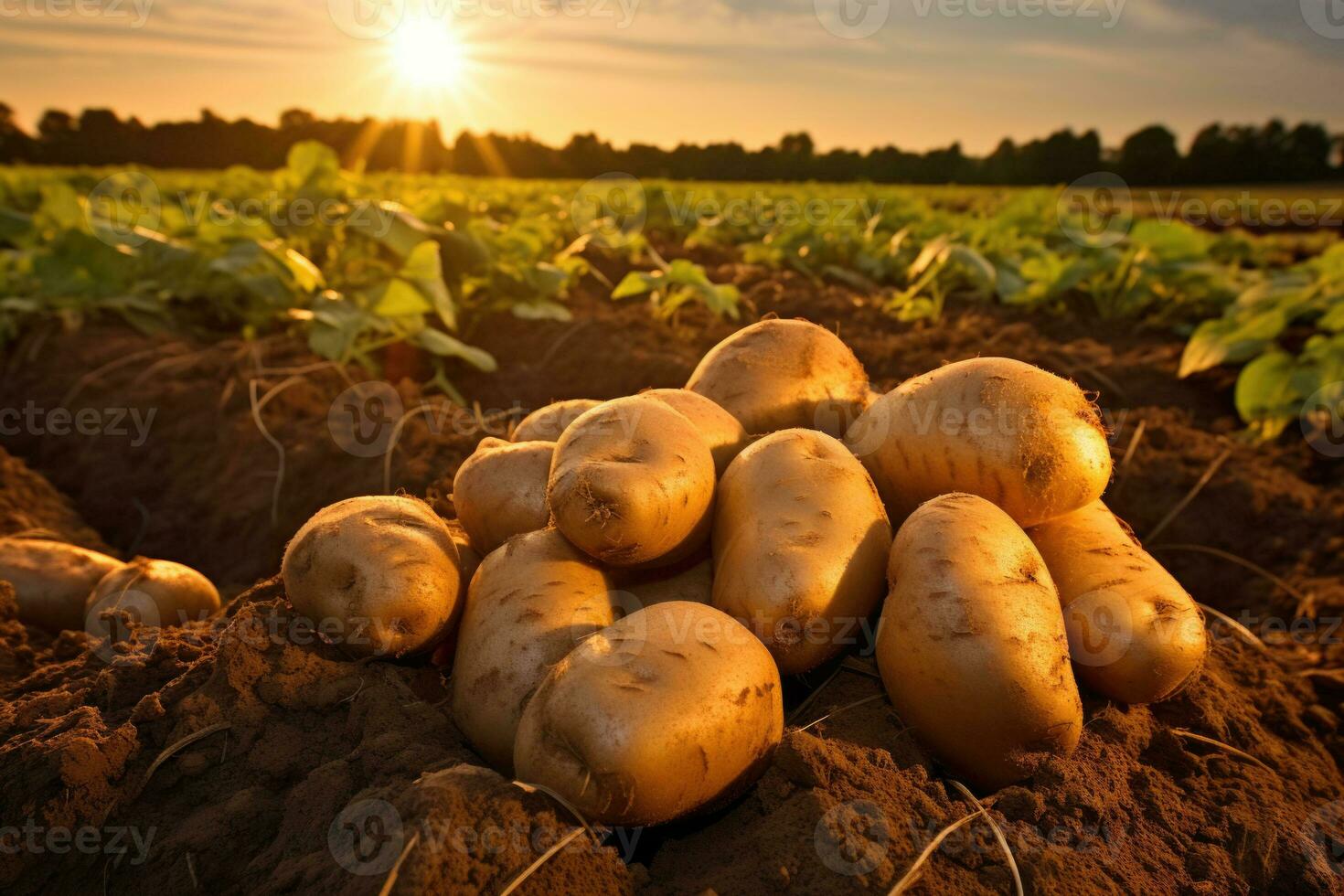 cosechado patatas en un granja campo en marrón tierra. concepto de comida cultivo. ai generado foto