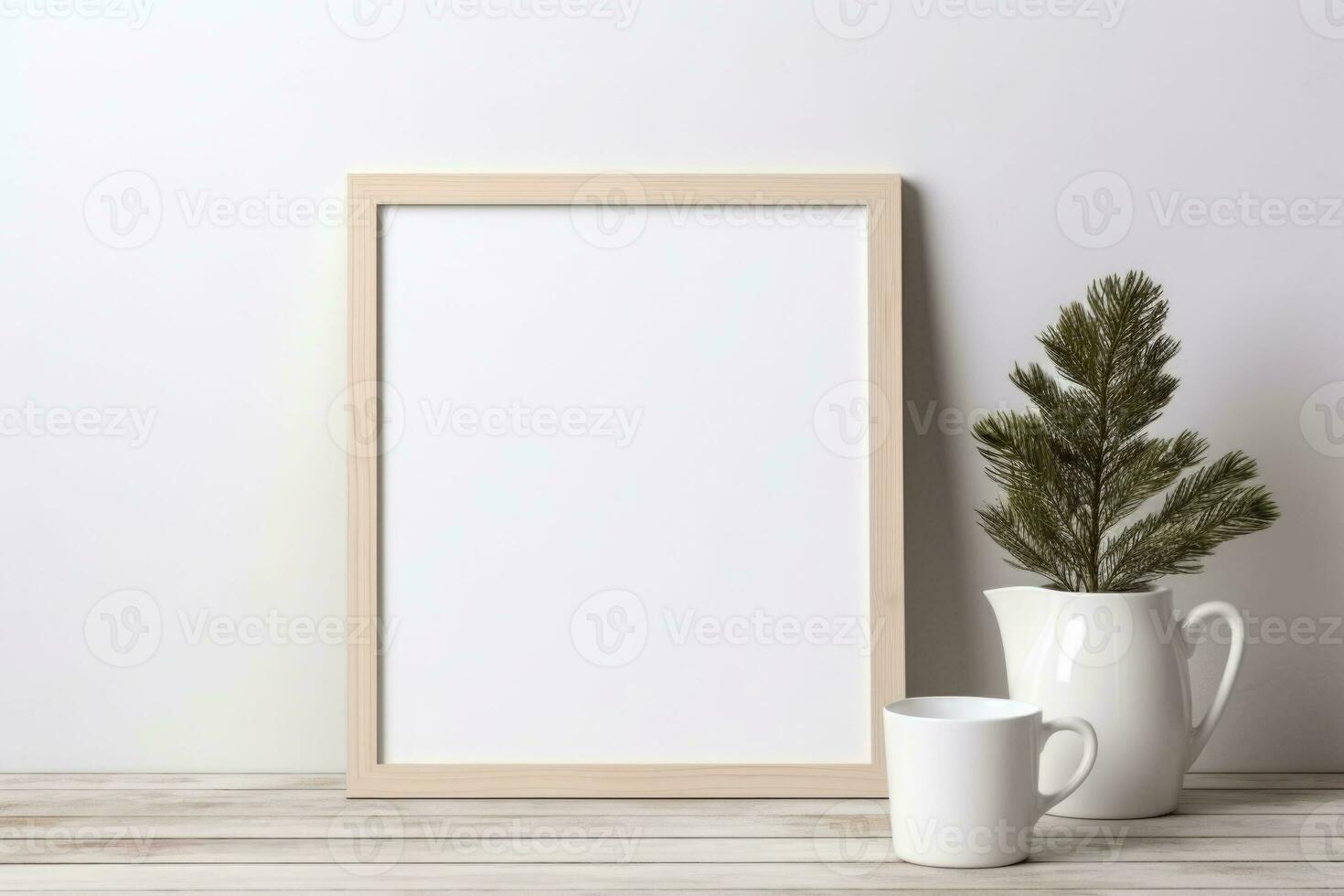 Minimal festive Christmas decor. Blank picture frame mockup with pine tree branches and cup of coffee. Generative AI photo