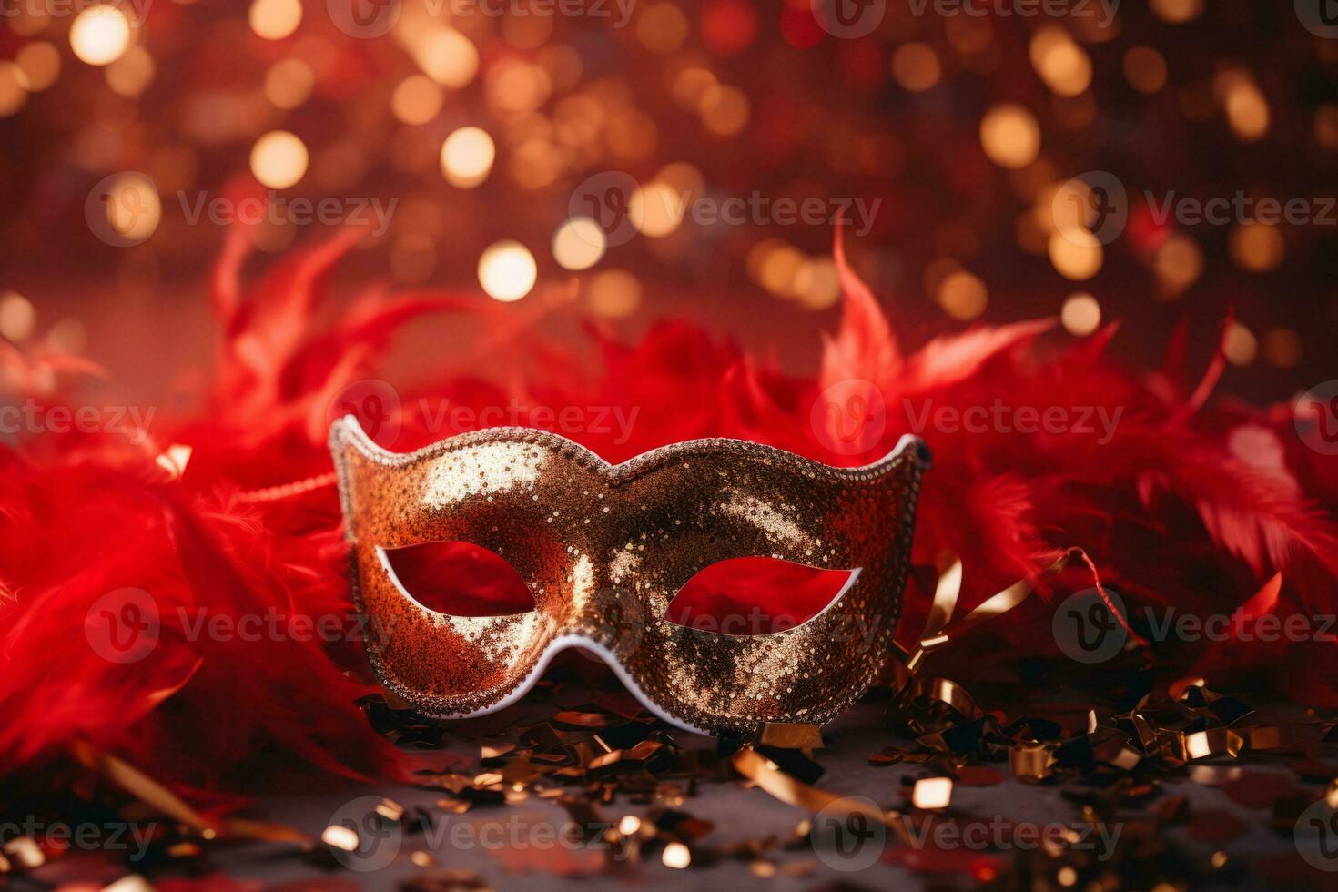 Red carnival mask. Streamers and confetti on colorful background. Carnival masquerade fantasy costume ball. Generative AI photo