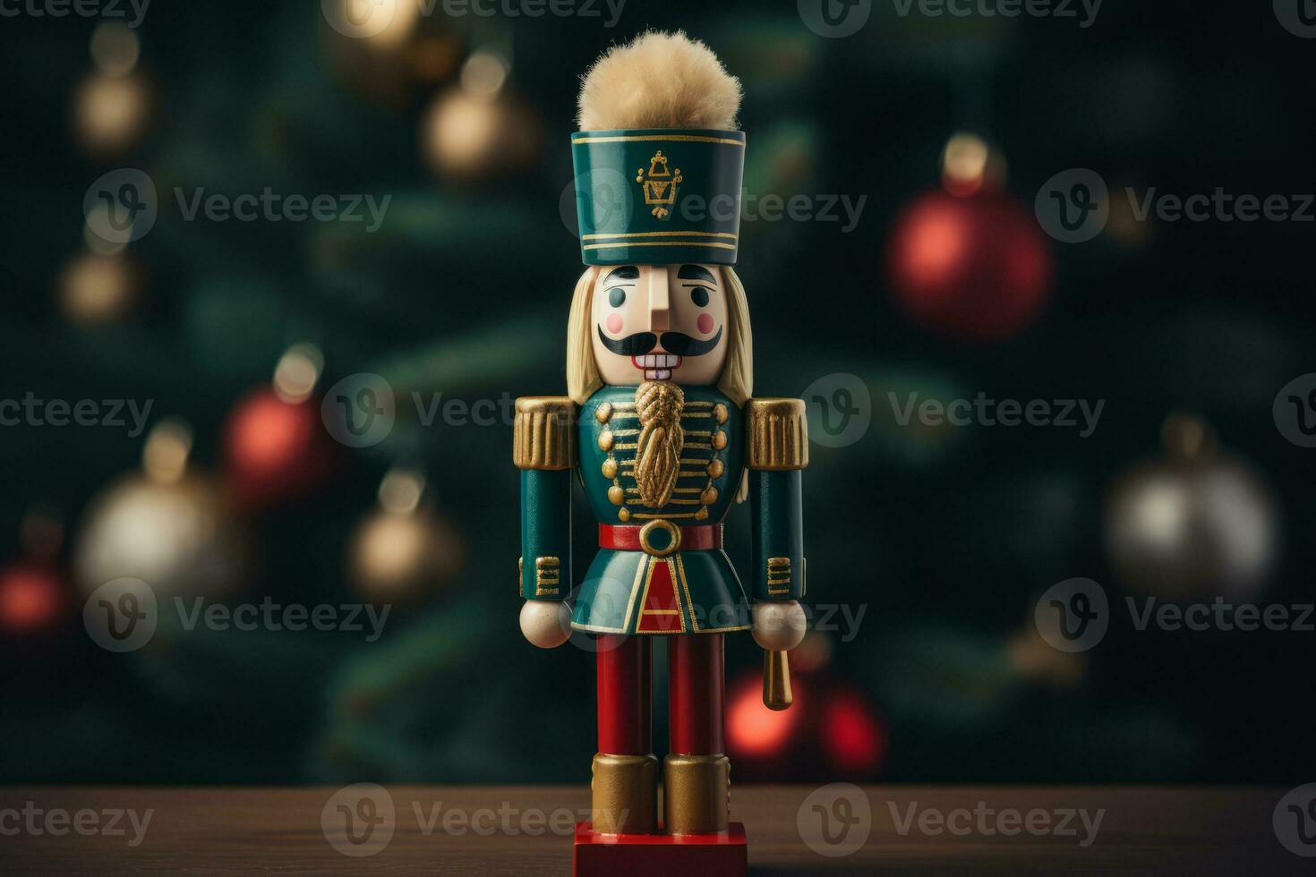 Festive nutcracker soldier with bokeh blurred background. Generative AI photo