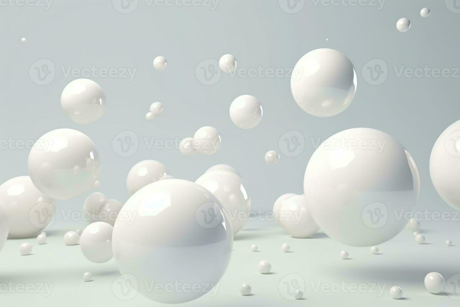 Shiny balls in different sizes on white background. Abstract glossy bubbles. Composition with chaotic floating spheres. Generative AI photo