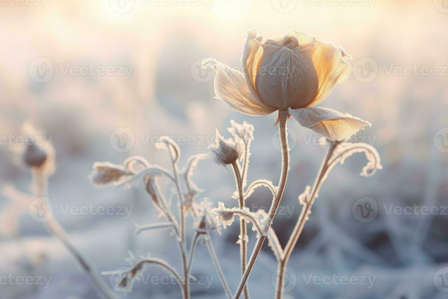 Frozen icy flowers in winter. Winter scene. Generative AI photo