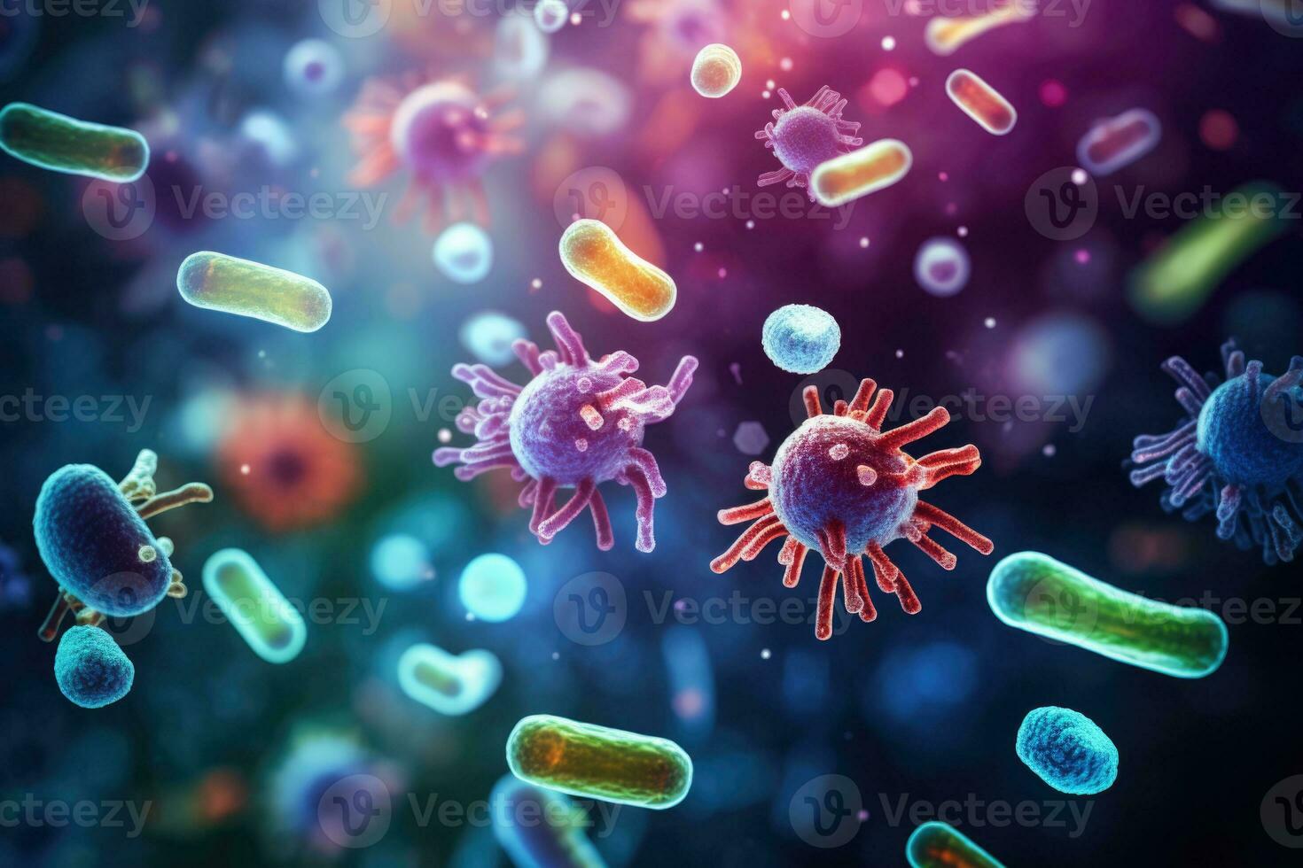 Probiotics. Science biological background. Microscopic bacterias. Generative AI photo