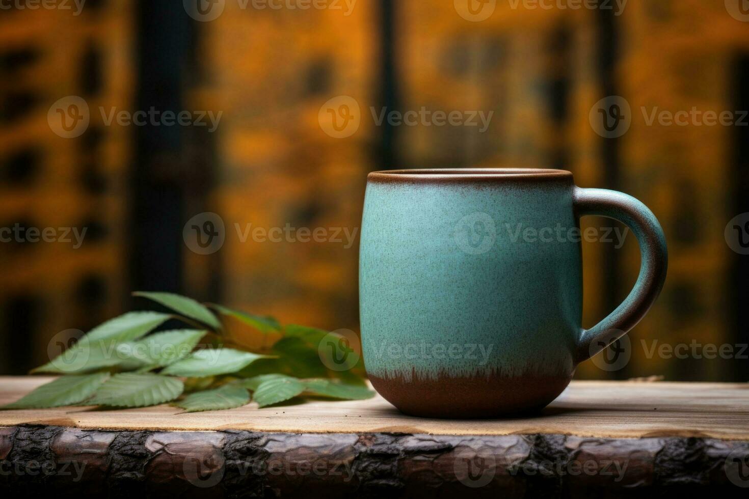 A ceramic mug in a turquoise color with natural wooden background. Generative AI photo