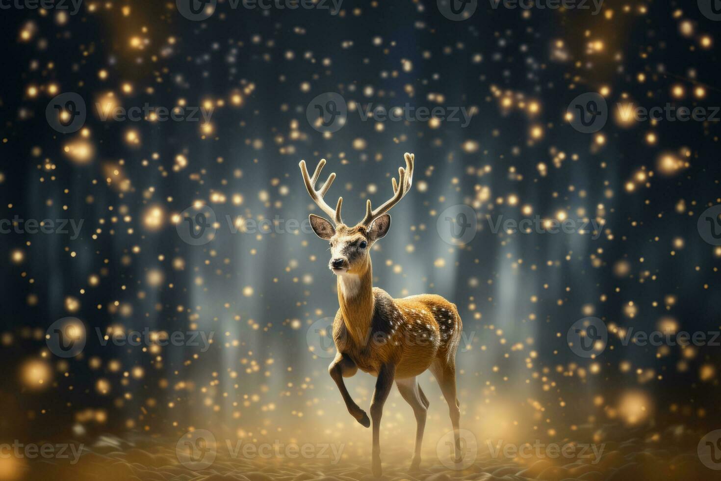 Christmas deer on bokeh lights background. Generative AI photo