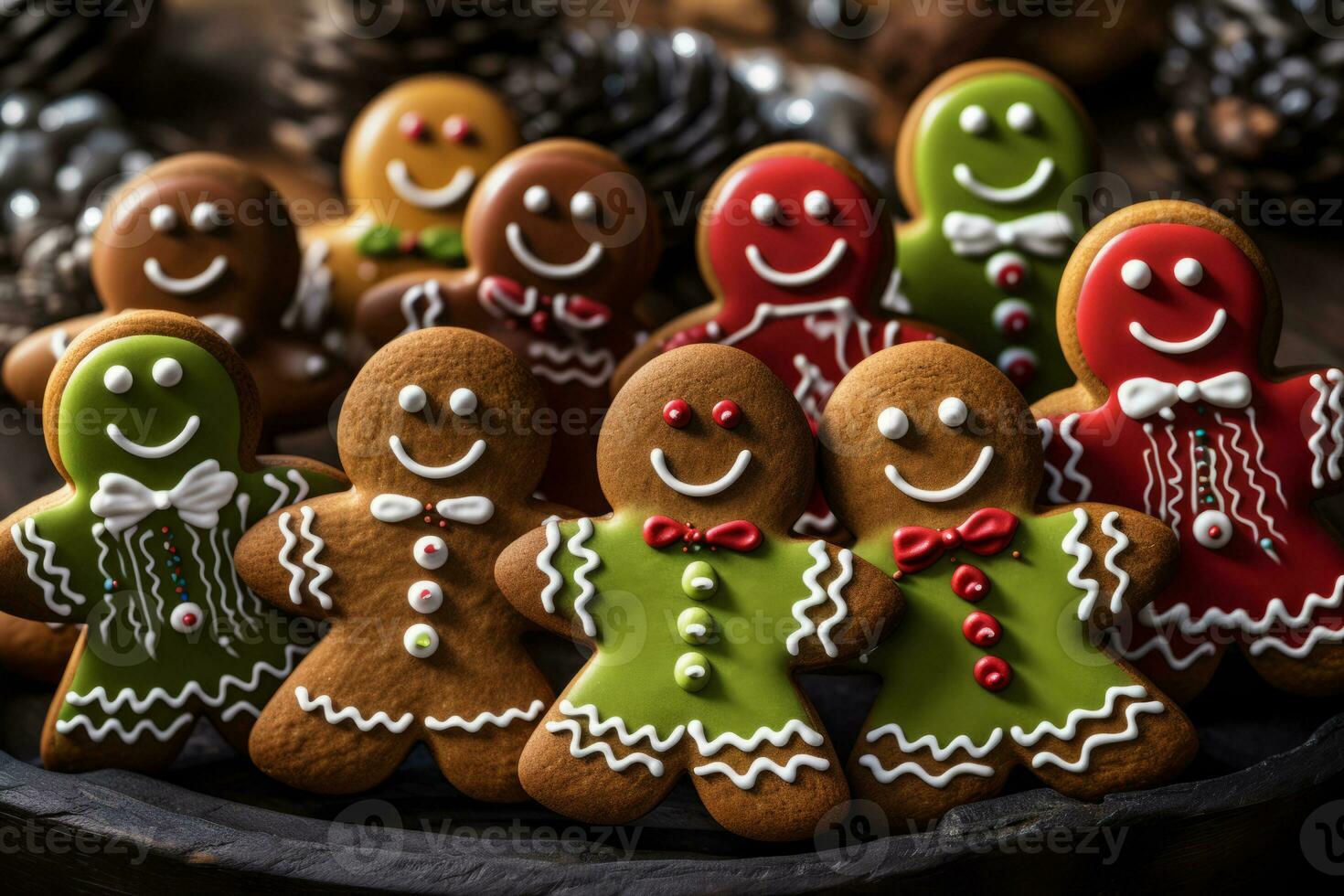 Homemade gingerbread cookies. Gingerbread man cookies in Christmas setting. Generative AI photo