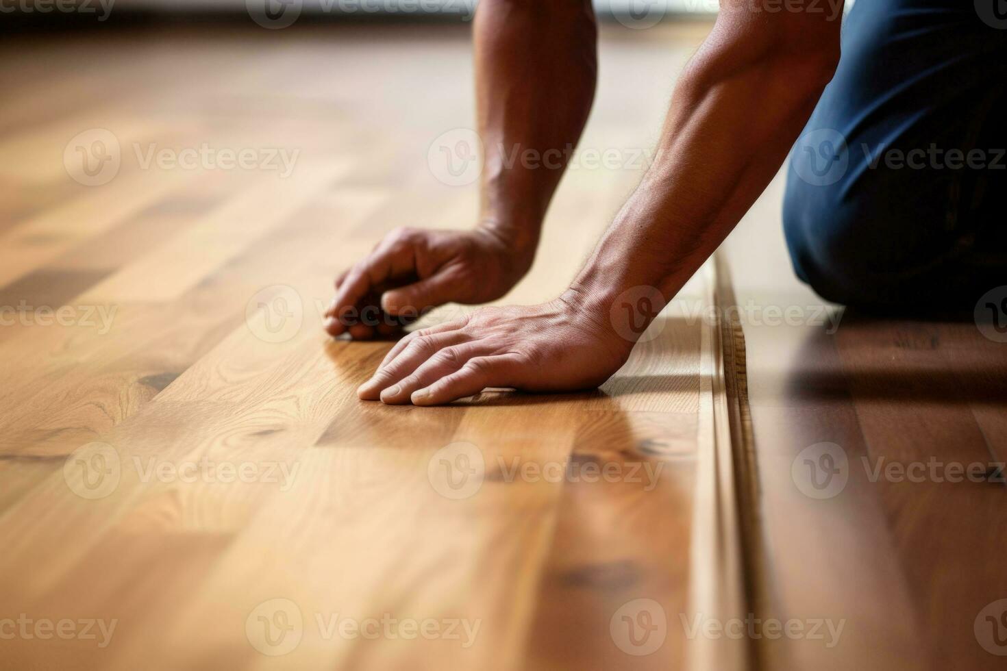 A worker's hands installing a new hardwood floor. Generative AI photo