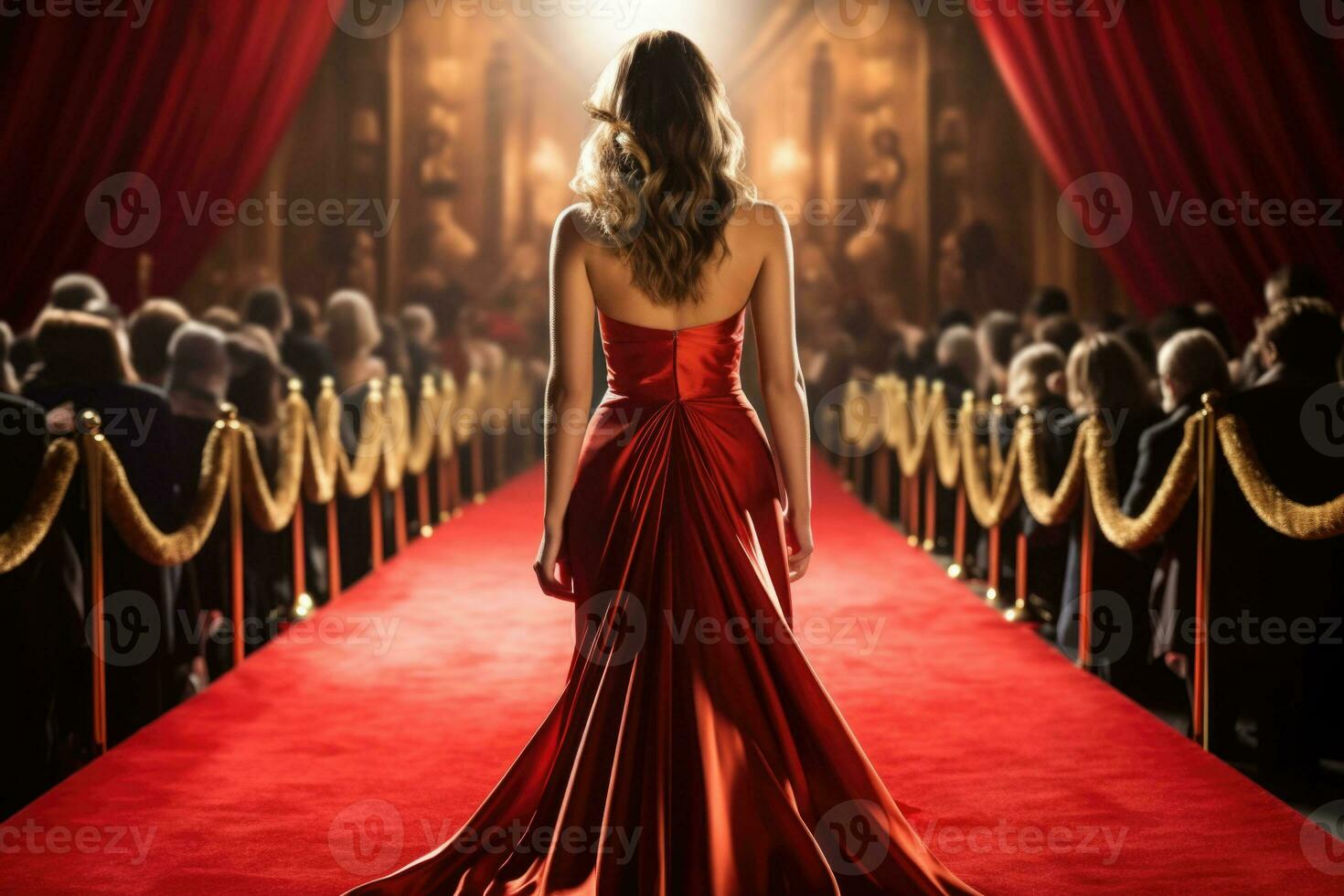 A young pretty woman on a red carpet event in a evening dress, back view. Generative AI photo