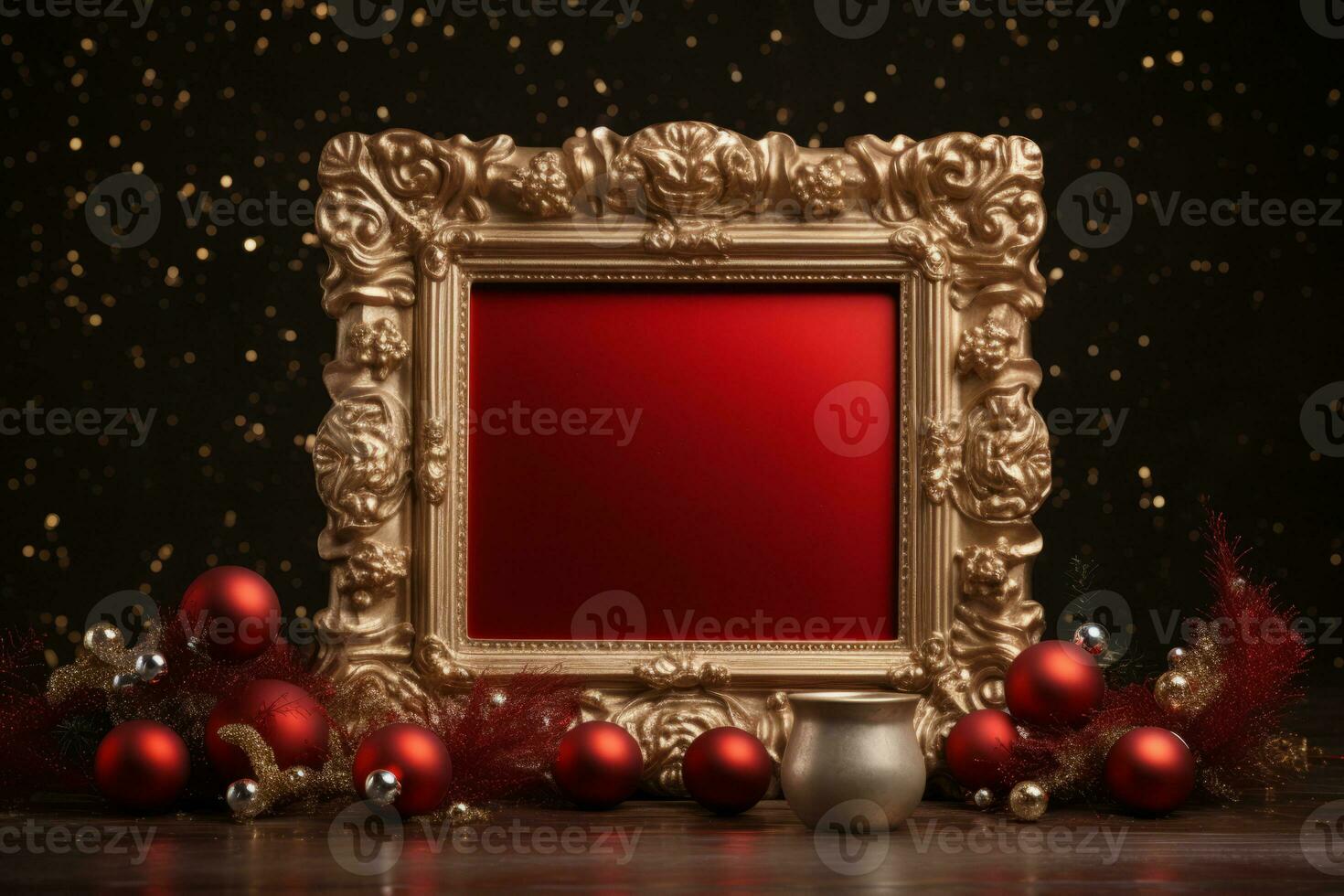 clásico Navidad decoración con dorado marco y rojo terciopelo tela. generativo ai foto