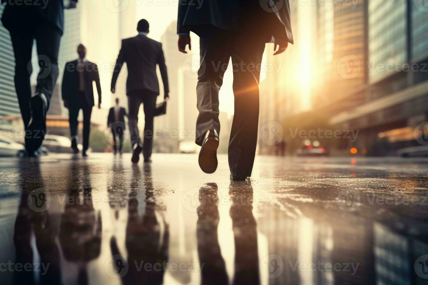 Group of businessmen are walking. Blurred city building background . AI generated photo