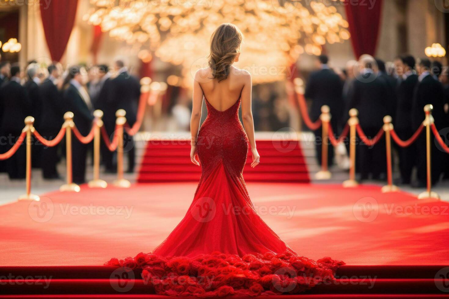 A young pretty woman on a red carpet event in a evening dress, back view. Generative AI photo