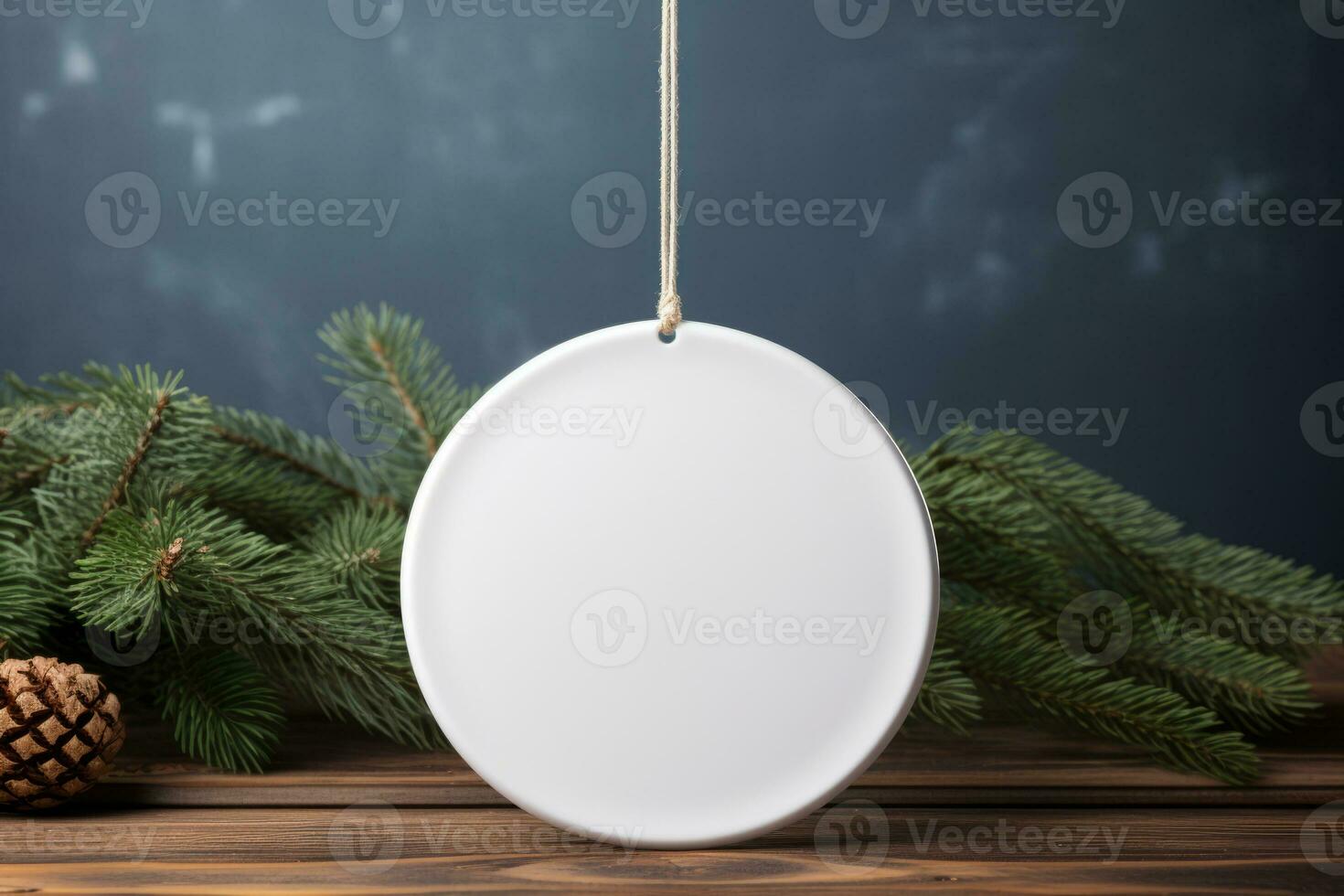 Blank empty white glossy ceramic circle tied with a metallic golden string over a rustic background and christmas lights. Generative AI photo