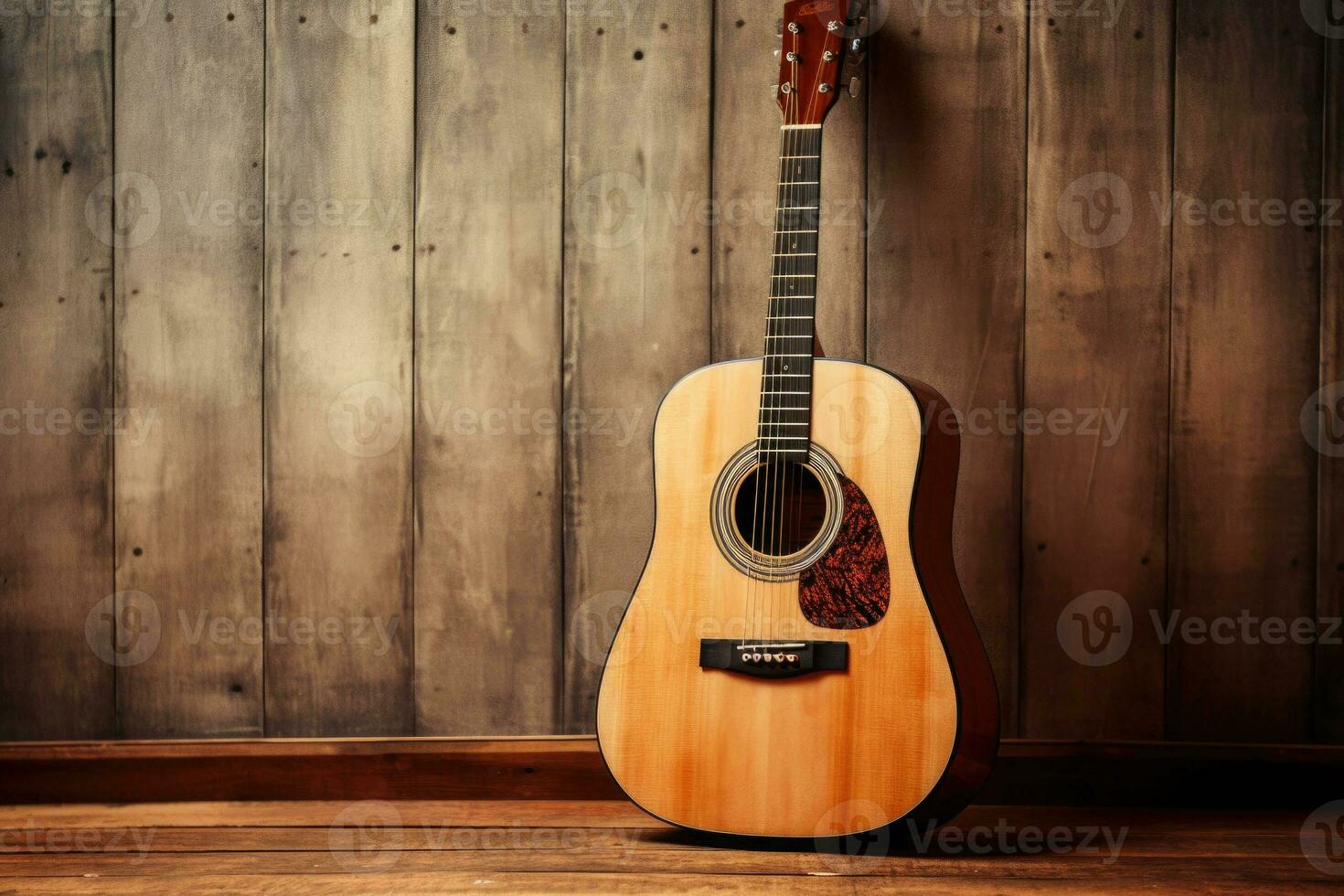 Acoustic guitar on old wooden background. Generative AI photo