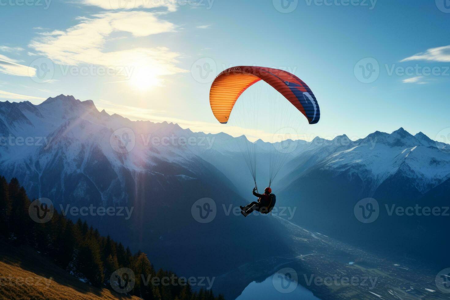 Paraglider flying over mountains in summer day. Generative AI photo