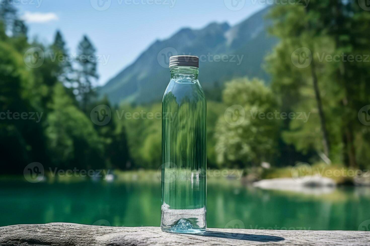 Mineral water in glass bottle on nature background. Generative AI photo