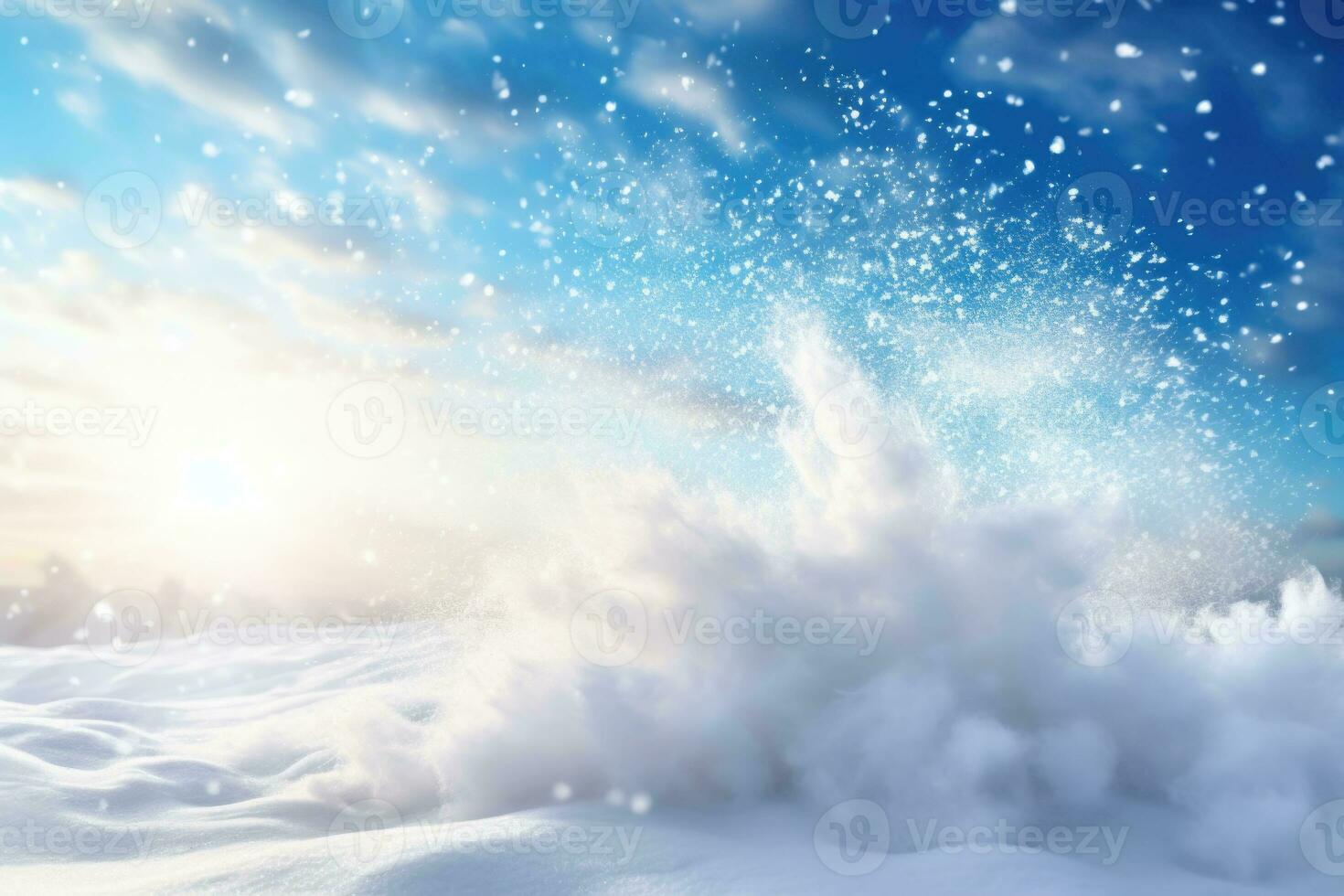 Christmas and New Year background with snow explosion, snowflakes and golden rays. Generative AI photo