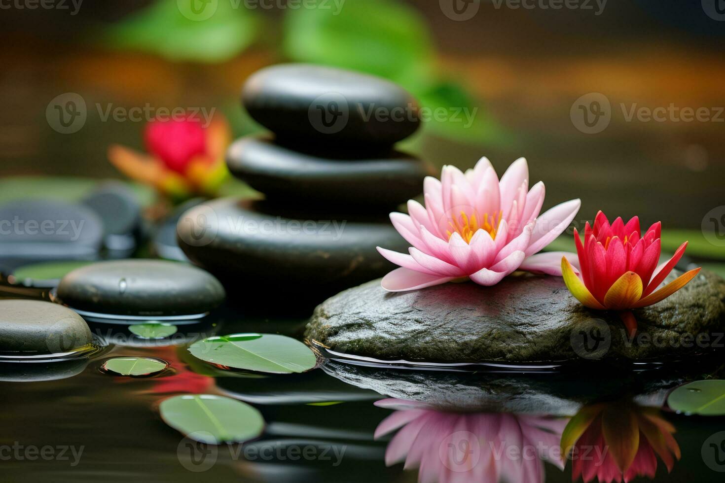 Spa stones and waterlily in zen garden. Generative AI photo