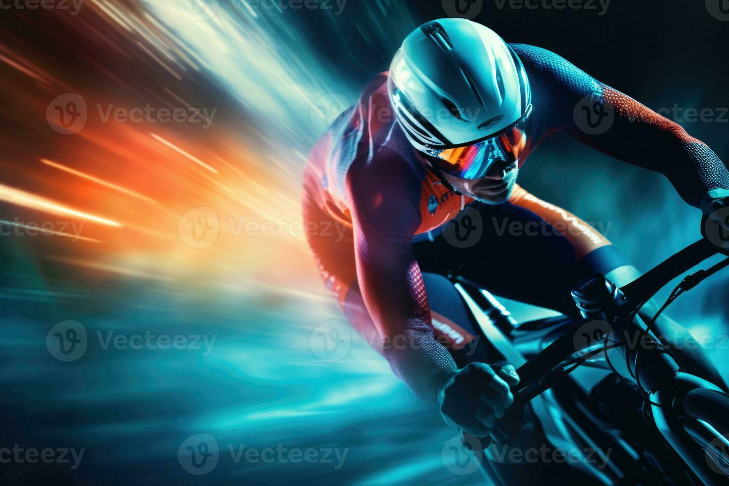 Cyclist athlete riding a race at high speed, colorful volumetric lighting. AI generated photo