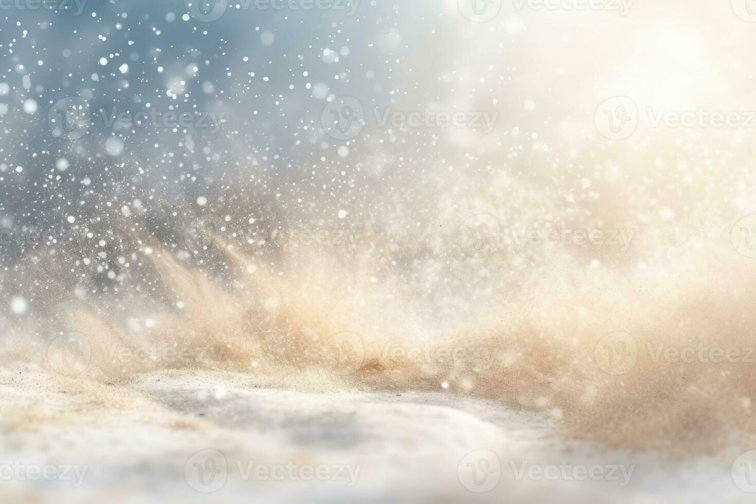 Christmas and New Year background with snow explosion, snowflakes and golden rays. Generative AI photo