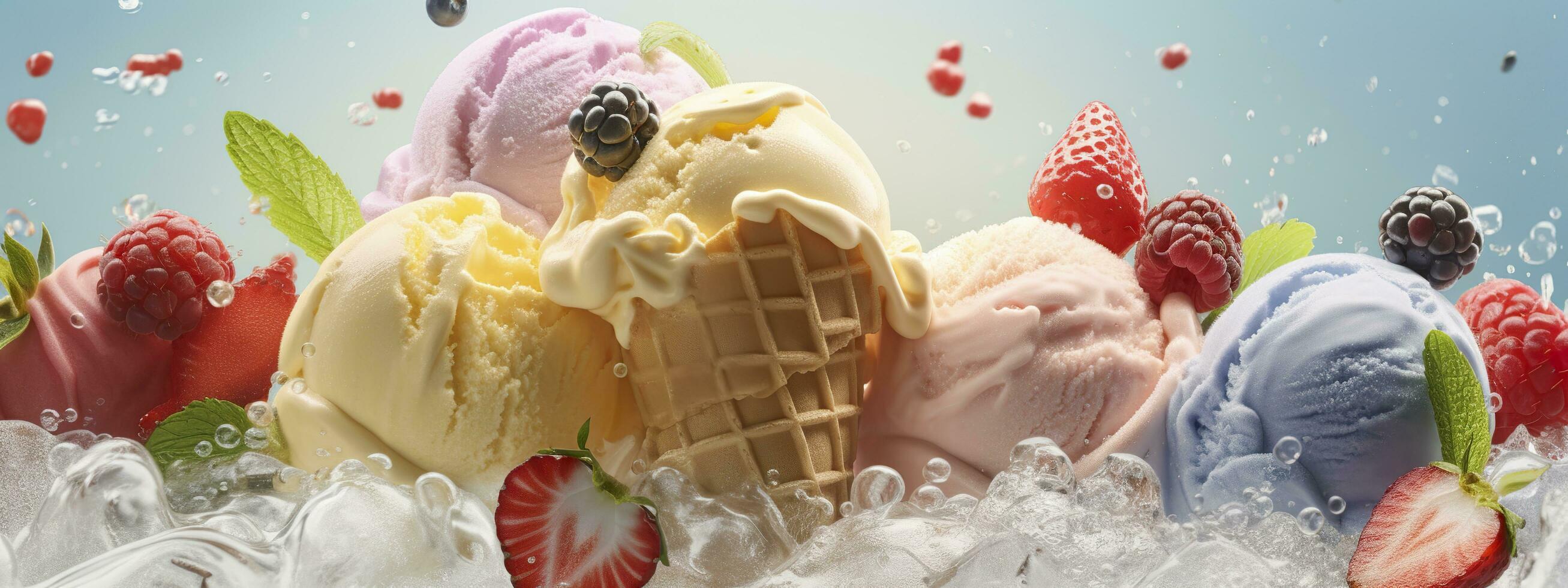 Banner with ice cream in a waffle cone on a summer day. Generative AI photo