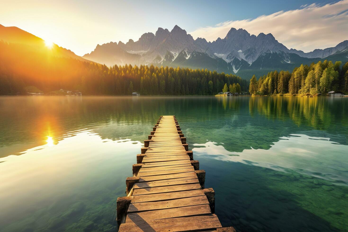 Impressive summer sunrise on Eibsee Lake with Zugspitze mountain range. AI Generated photo